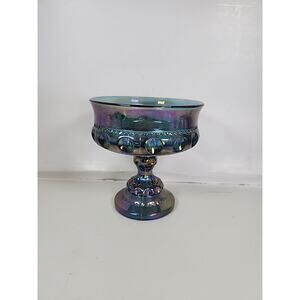 Indiana Glass Kings Crown Carnival Glass Iridescent Blue Thumbprint Bowl 1970's